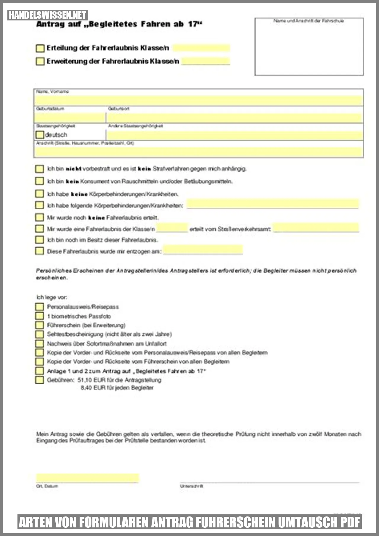 Arten von Formularen für den Antrag auf Umtausch des Führerscheins in PDF