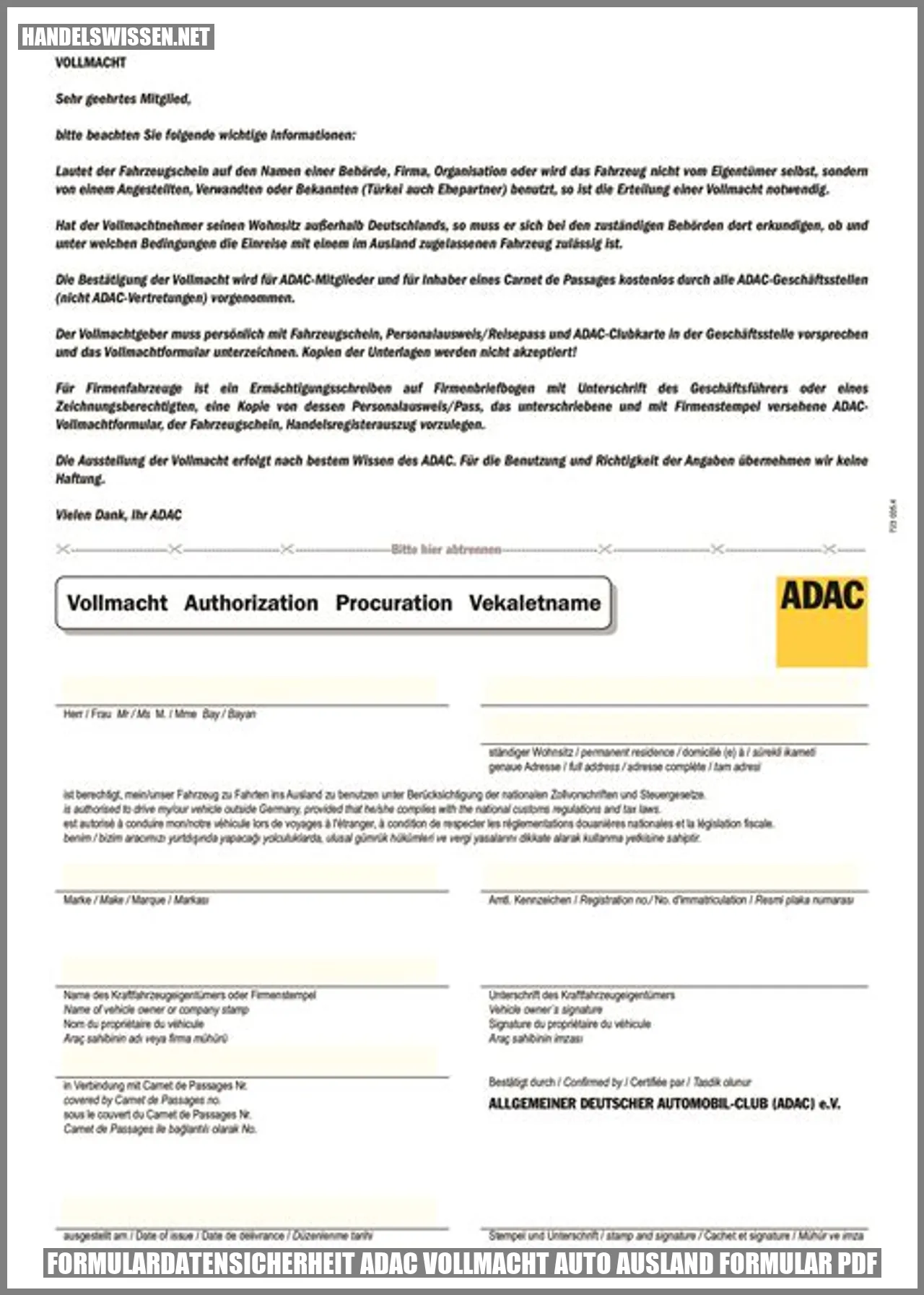 Formulardatensicherheit ADAC Vollmacht Auto Ausland Formular PDF