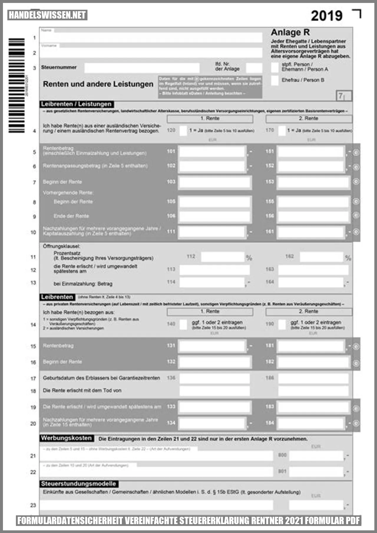 Formulardatensicherheit vereinfachte Steuererklärung Rentner 2021 Formular PDF