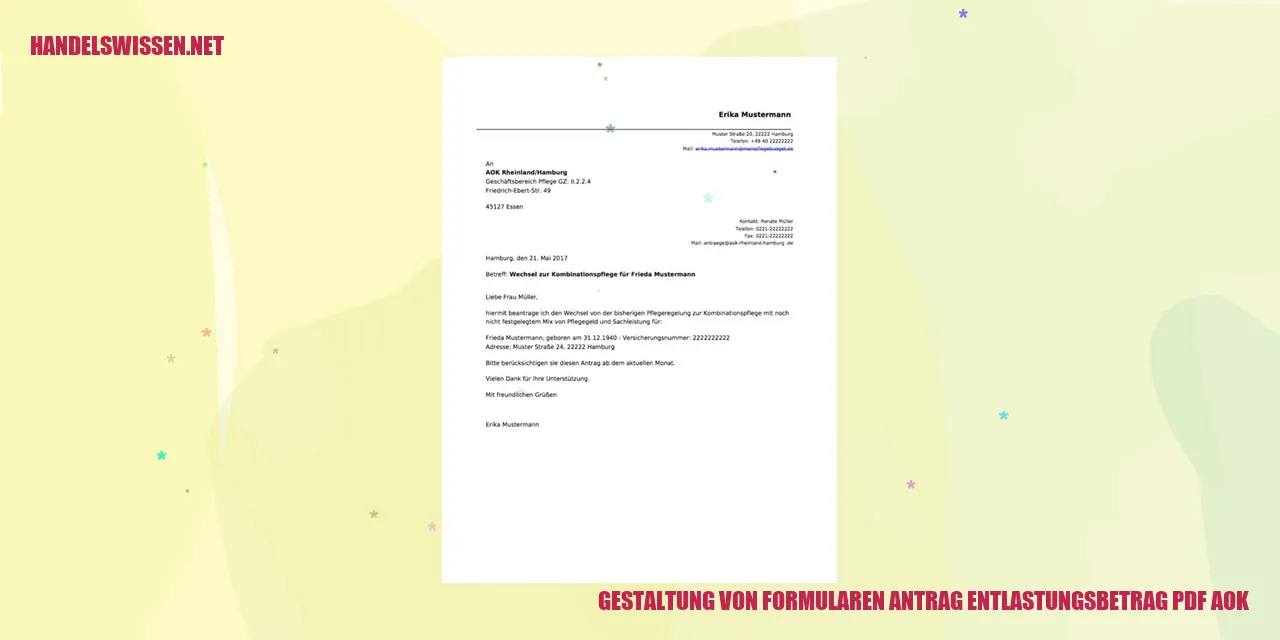 Gestaltung von Formularen Antrag Entlastungsbetrag PDF AOK